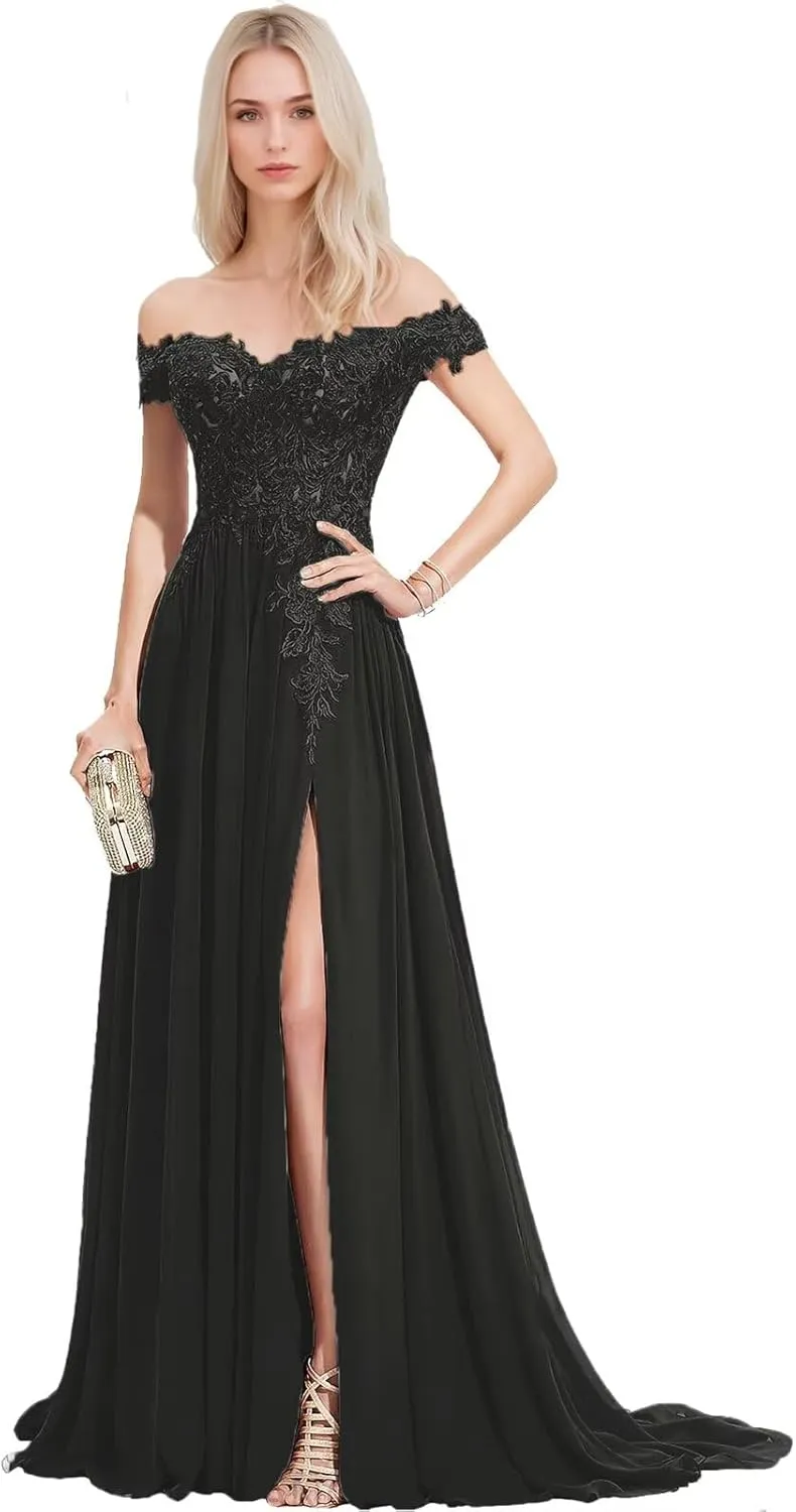 Women's Off Shoulder Prom Dresses Chiffon Long Laces Appliques A-Line Formal Evening Gowns