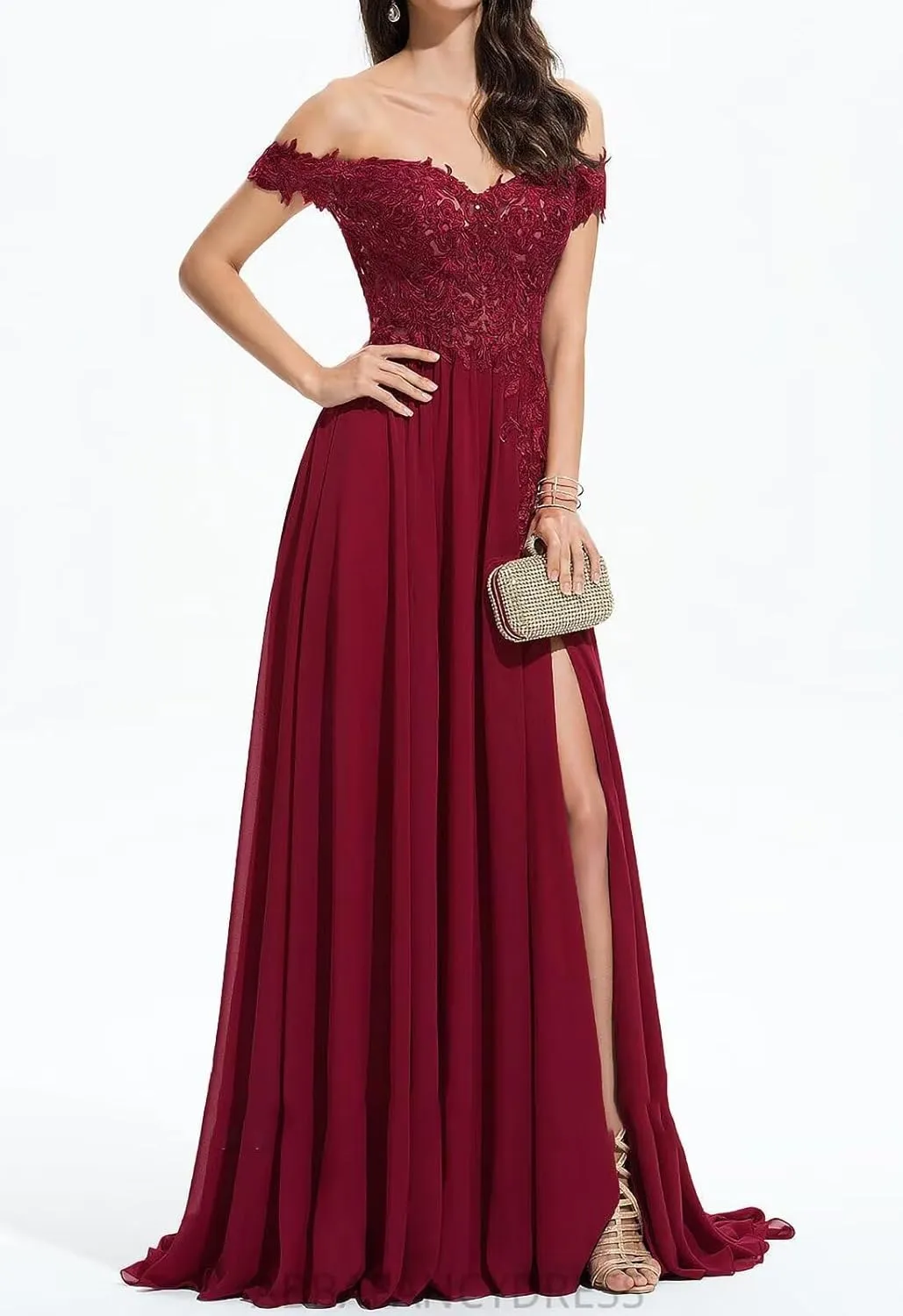 Women's Off Shoulder Prom Dresses Chiffon Long Laces Appliques A-Line Formal Evening Gowns