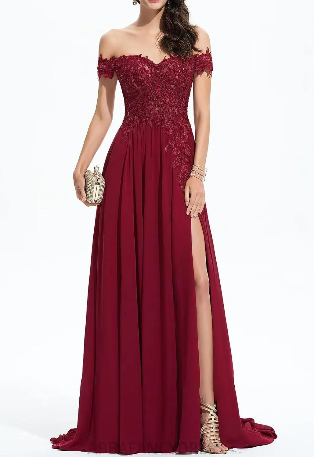 Women's Off Shoulder Prom Dresses Chiffon Long Laces Appliques A-Line Formal Evening Gowns