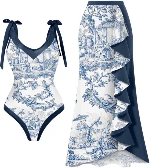 Womens One Piece Swimsuits Tummy Control Bikini Set with Wrap Sarong Skirt Retro Floral Sexy Bathing Suits Beach Swim Suit