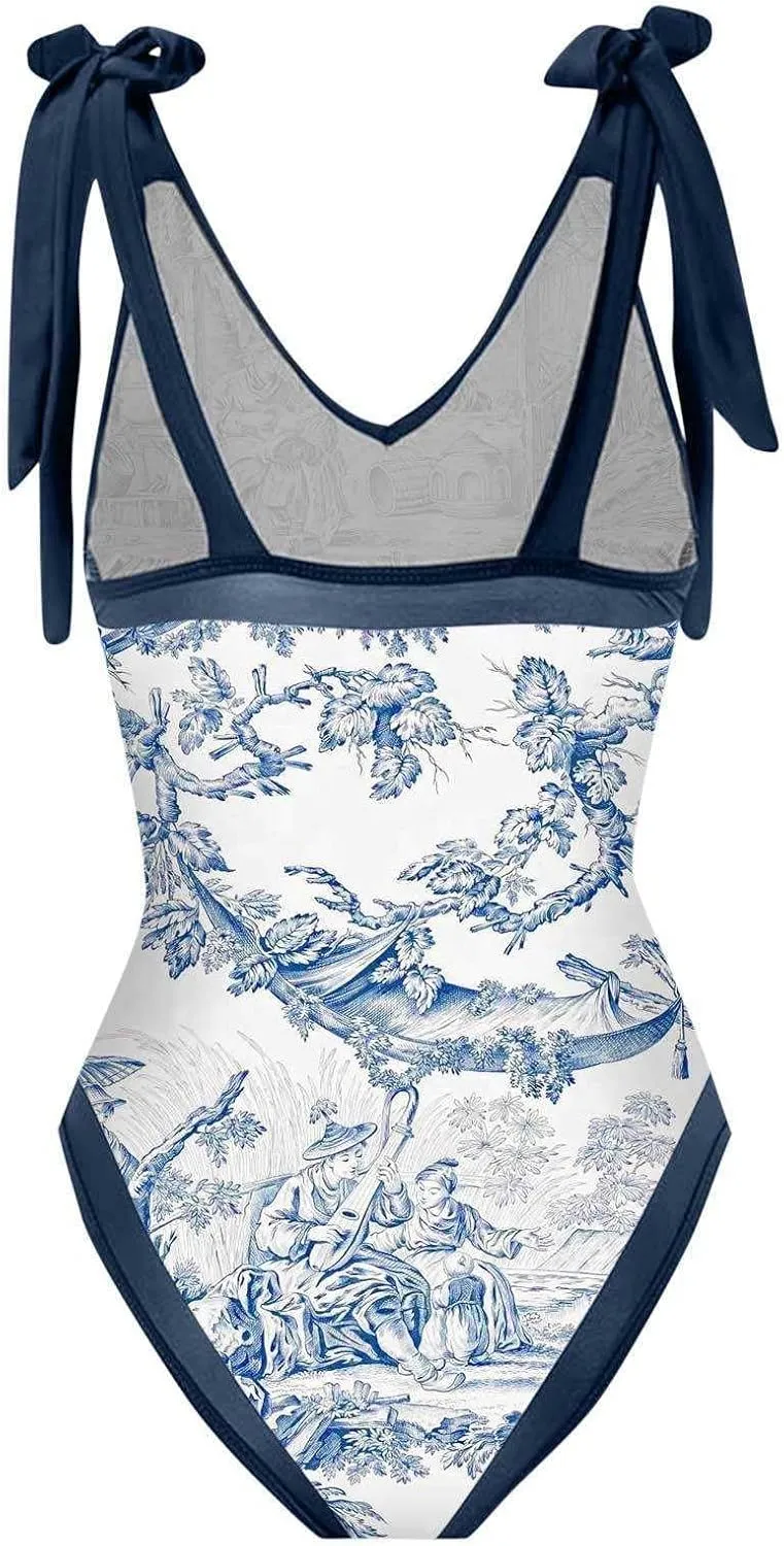 Womens One Piece Swimsuits Tummy Control Bikini Set with Wrap Sarong Skirt Retro Floral Sexy Bathing Suits Beach Swim Suit