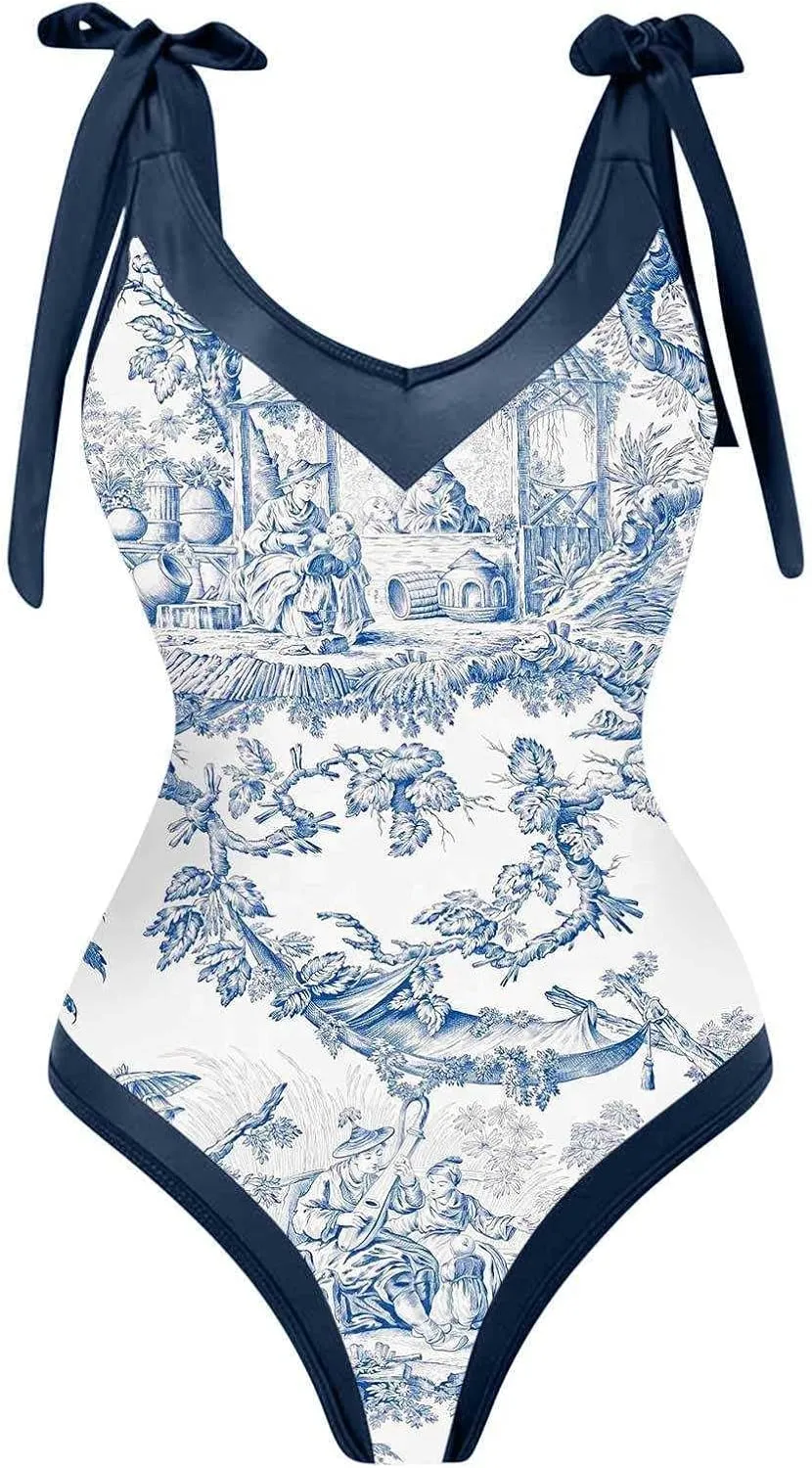 Womens One Piece Swimsuits Tummy Control Bikini Set with Wrap Sarong Skirt Retro Floral Sexy Bathing Suits Beach Swim Suit