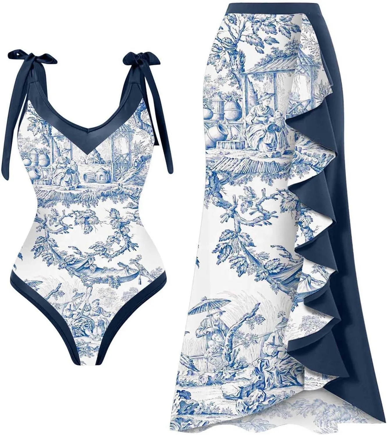 Womens One Piece Swimsuits Tummy Control Bikini Set with Wrap Sarong Skirt Retro Floral Sexy Bathing Suits Beach Swim Suit