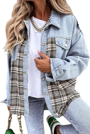 Women's Oversized Denim Shacket Jacket Plaid Long Sleeve Shirt Boyfriend Button Down Blouses Tops(0268-Blue-XL)