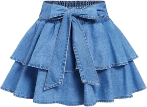 Women's Plus Size Denim Mini Skirt Y2k Bow Tie Knot Ruffle Tiered Short Jean Skirts