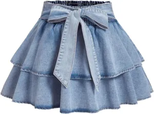 Women's Plus Size Denim Mini Skirt Y2k Bow Tie Knot Ruffle Tiered Short Jean Skirts