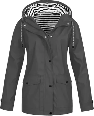 Womens Rain Jacket with Hood Plus Size Waterproof Raincoats Drawstring Lightweight Active Zip Up Hoodie with Pocket
