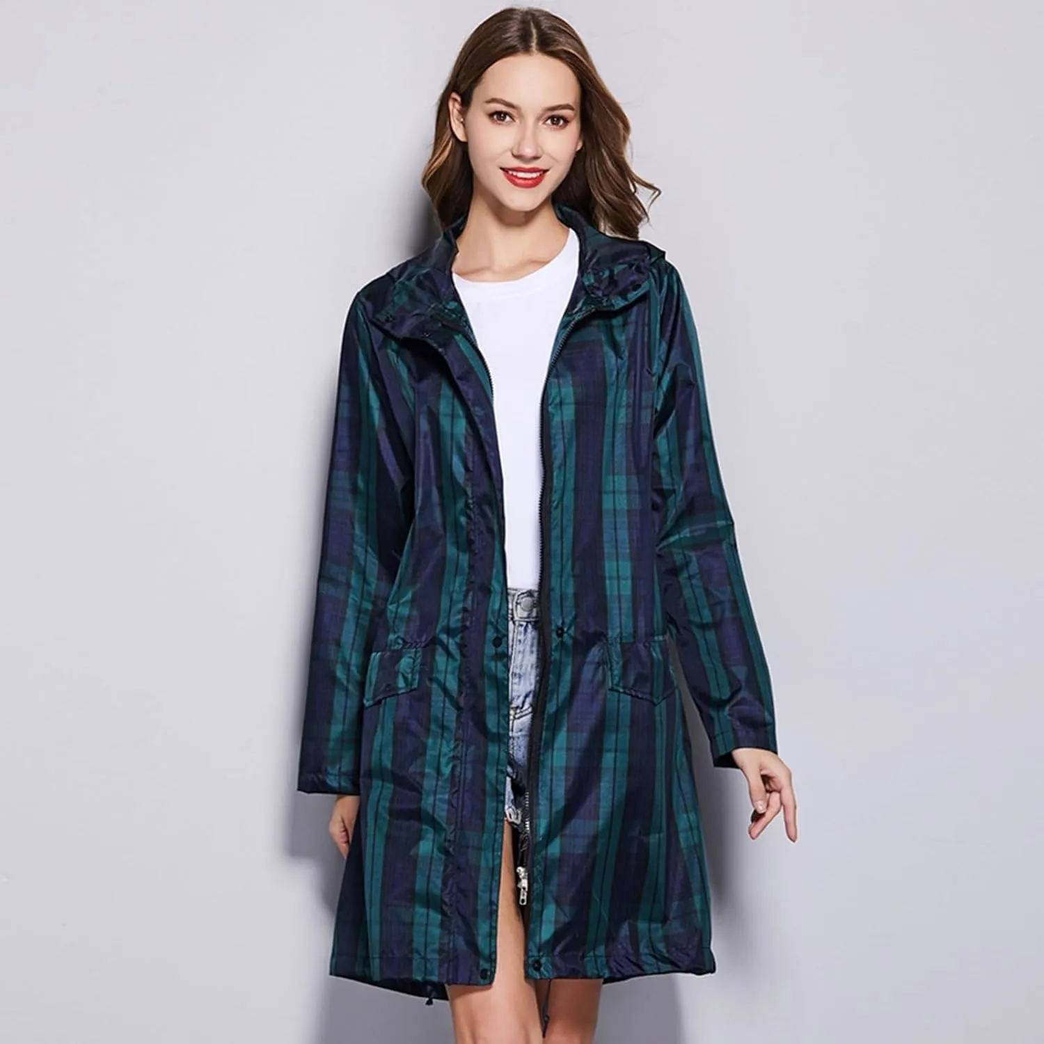Womens Raincoat Plaid Long Waterproof Rain Jacket Coat Hiking Windbreaker Travel Outdoor Wind And Rain Poncho