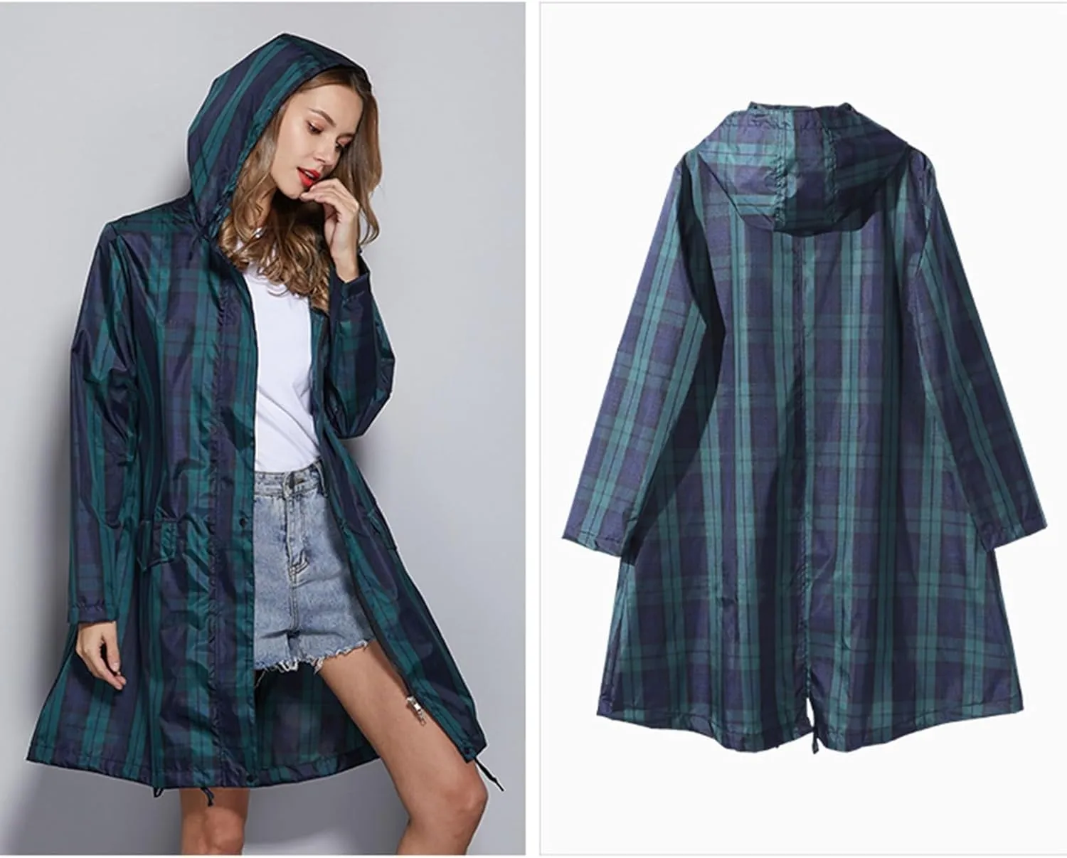 Womens Raincoat Plaid Long Waterproof Rain Jacket Coat Hiking Windbreaker Travel Outdoor Wind And Rain Poncho