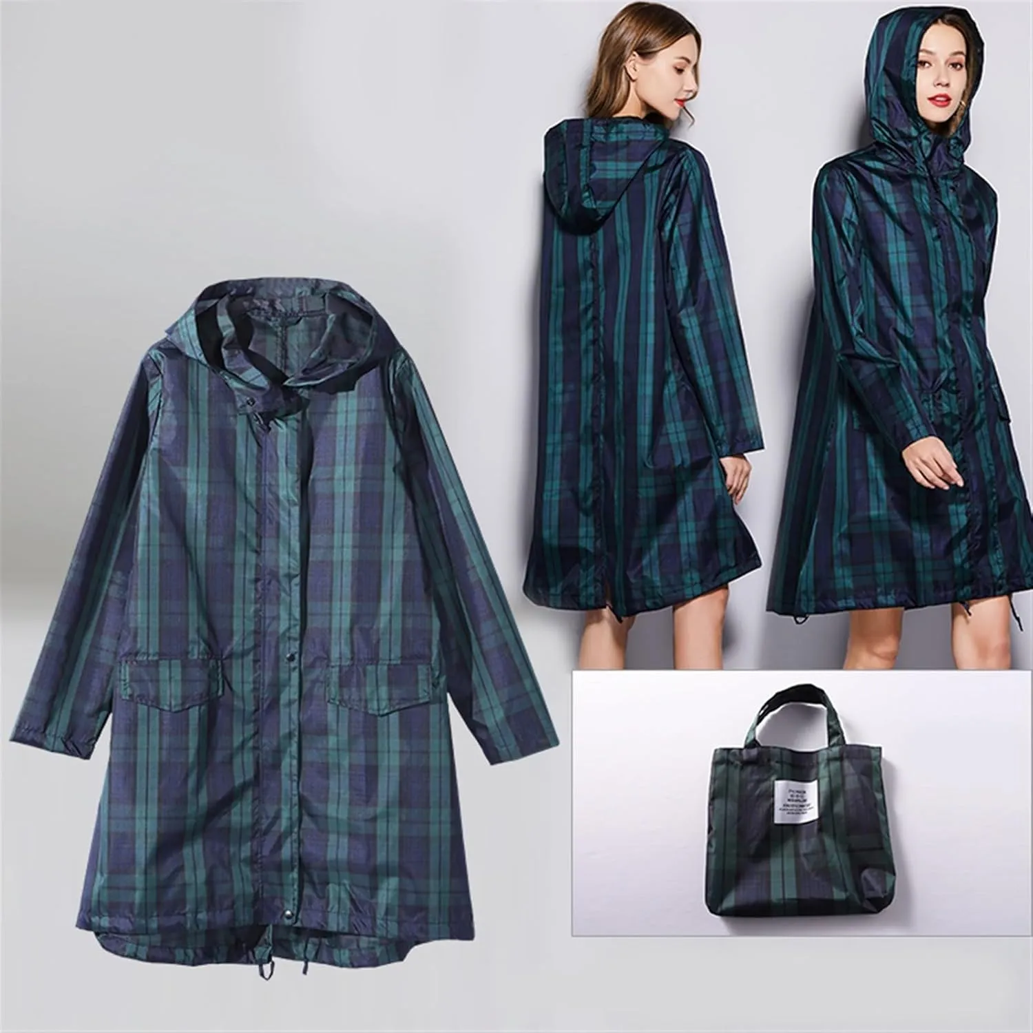 Womens Raincoat Plaid Long Waterproof Rain Jacket Coat Hiking Windbreaker Travel Outdoor Wind And Rain Poncho