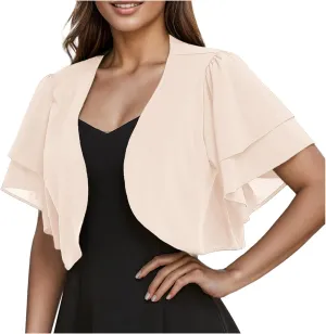 Women's Ruffle Chiffon Shrug Short Sleeve Open Front Sheer Mesh Bolero Cardigan Tops for Evening Dresses