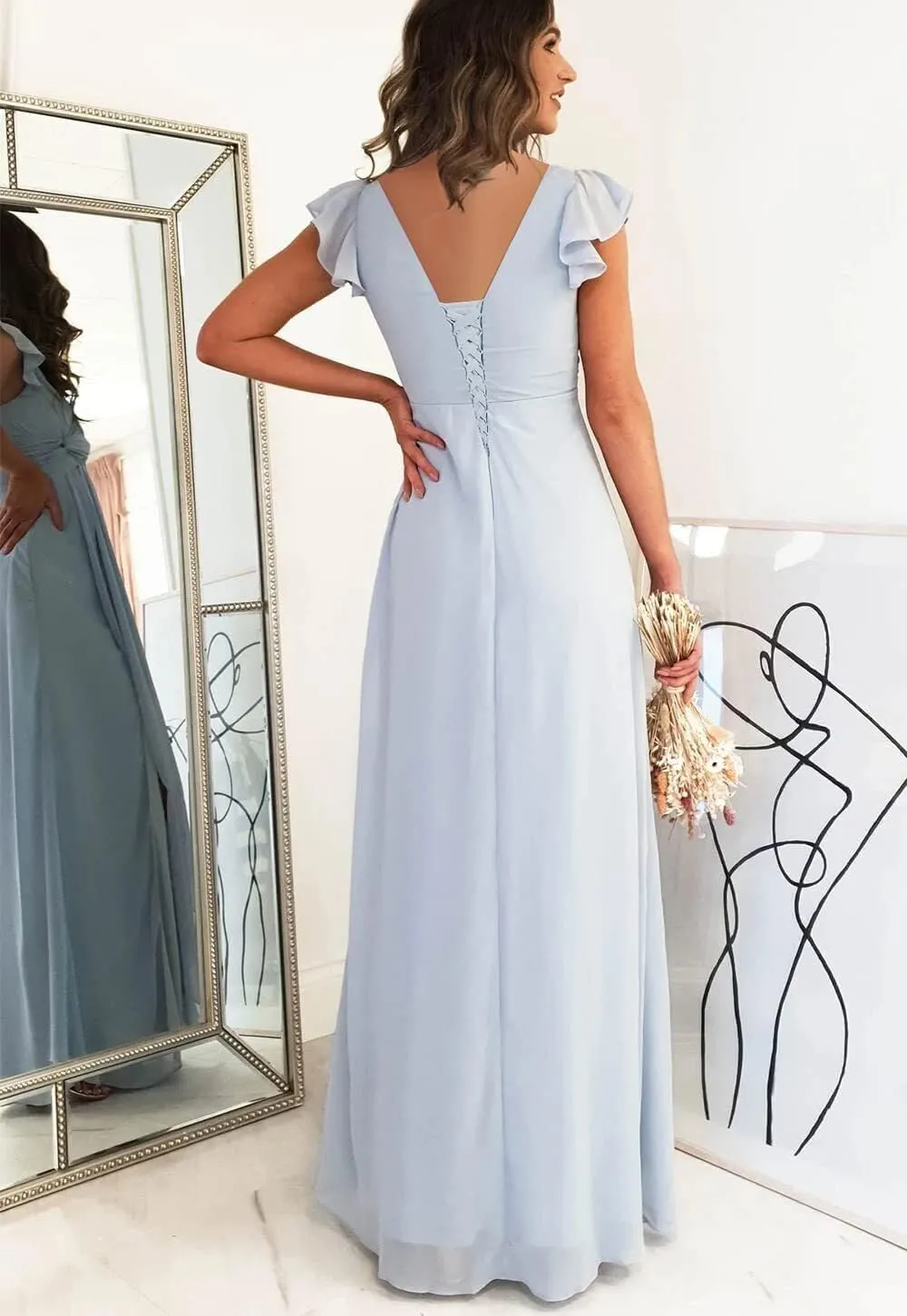 Women's Ruffled Sleeve Chiffon Bridesmaid Dresses Long with Slit Empire Waist V Neck Formal Evening Gown with Pockets LA07