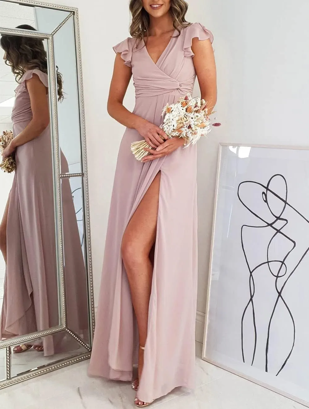Women's Ruffled Sleeve Chiffon Bridesmaid Dresses Long with Slit Empire Waist V Neck Formal Evening Gown with Pockets LA07