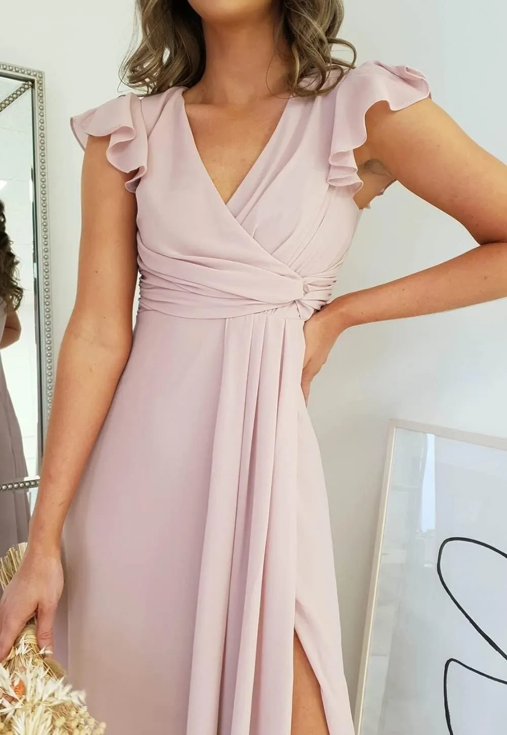 Women's Ruffled Sleeve Chiffon Bridesmaid Dresses Long with Slit Empire Waist V Neck Formal Evening Gown with Pockets LA07