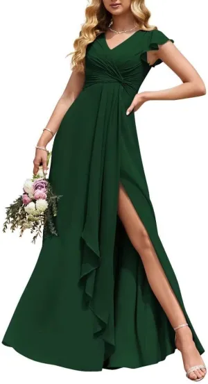Women's Ruffled Sleeve Chiffon Bridesmaid Dresses Long with Slit Empire Waist V Neck Formal Evening Gown with Pockets LA07