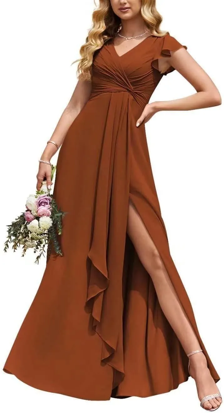 Women's Ruffled Sleeve Chiffon Bridesmaid Dresses Long with Slit Empire Waist V Neck Formal Evening Gown with Pockets LA07