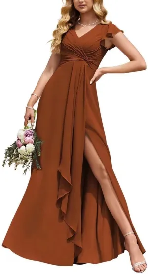 Women's Ruffled Sleeve Chiffon Bridesmaid Dresses Long with Slit Empire Waist V Neck Formal Evening Gown with Pockets LA07