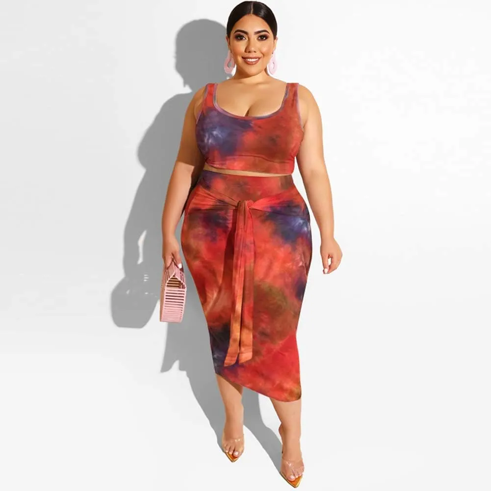Womens Sexy 2 Piece Outfits Plus Size Sleeveless Midi Dress Tie Dye Print Tank Crop Top Bodycon Skirts Set