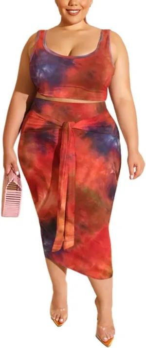 Womens Sexy 2 Piece Outfits Plus Size Sleeveless Midi Dress Tie Dye Print Tank Crop Top Bodycon Skirts Set