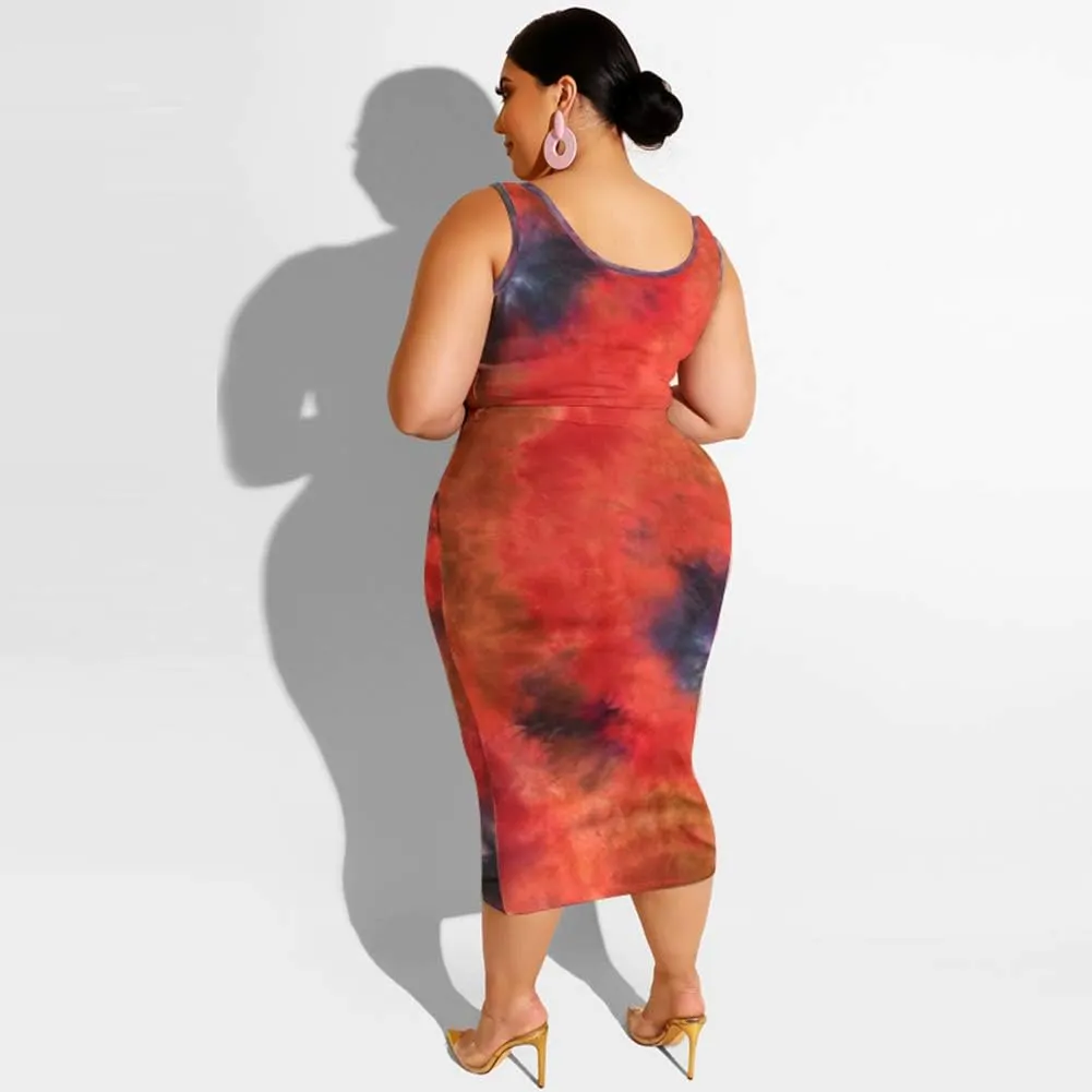 Womens Sexy 2 Piece Outfits Plus Size Sleeveless Midi Dress Tie Dye Print Tank Crop Top Bodycon Skirts Set