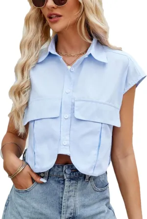 Womens Sleeveless Cropped Short Button Down Shirt Lapel Collared Loose Cap Sleeve Blouses Tops Vest with Pockets