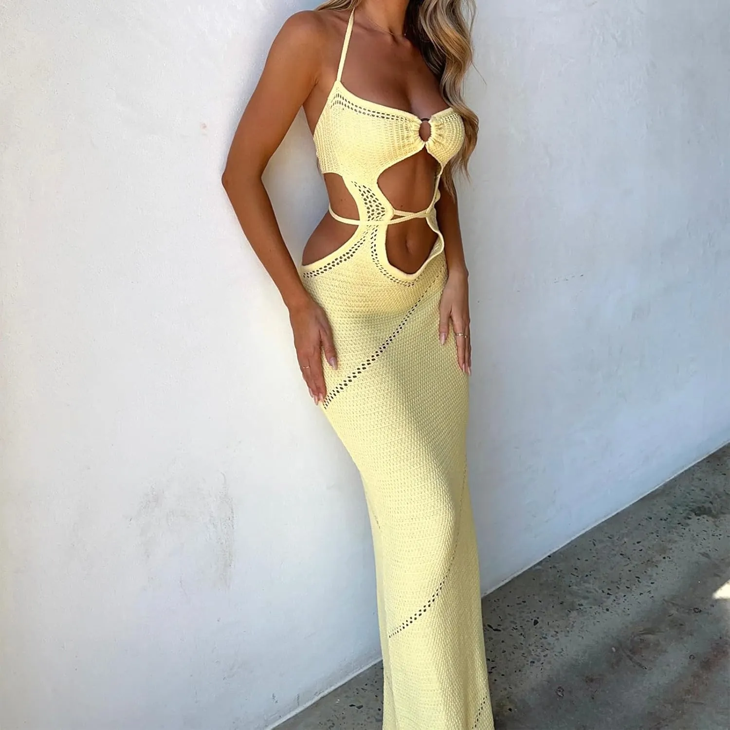 Womens Sleeveless Knit Bodycon Maxi Dress Halter Neck Cutout Backless Slim Fit Y2K Summer Beach Sundress