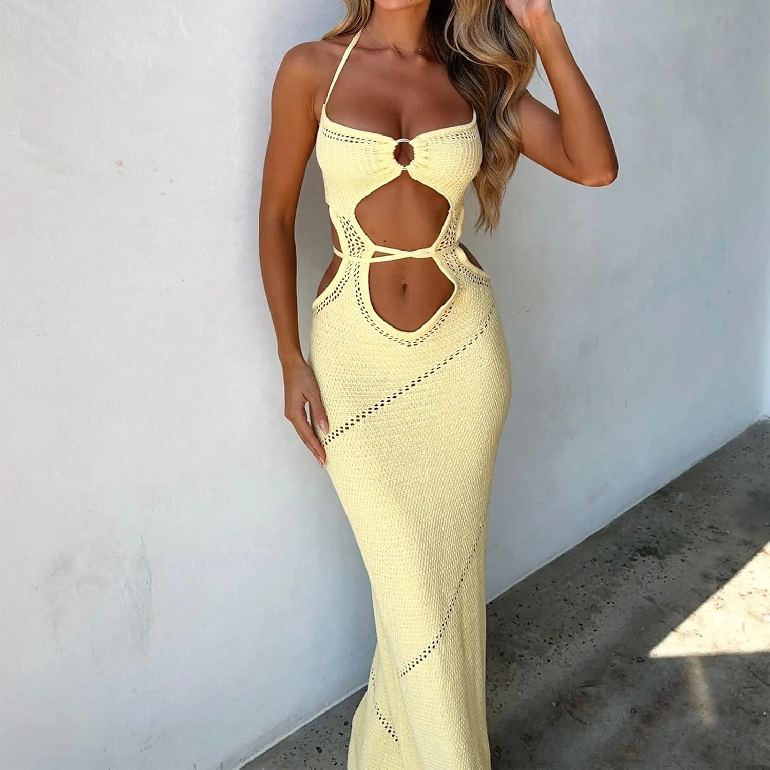 Womens Sleeveless Knit Bodycon Maxi Dress Halter Neck Cutout Backless Slim Fit Y2K Summer Beach Sundress