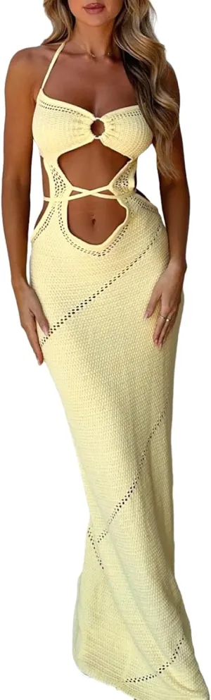 Womens Sleeveless Knit Bodycon Maxi Dress Halter Neck Cutout Backless Slim Fit Y2K Summer Beach Sundress
