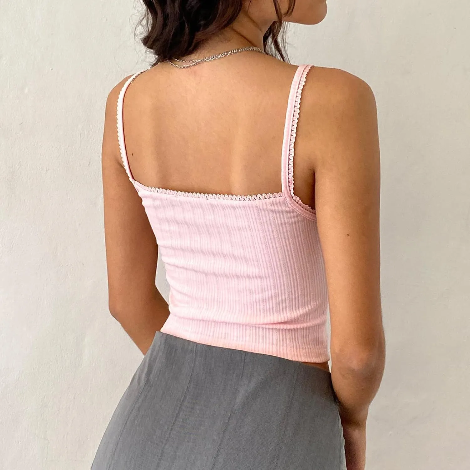 Women's Spaghetti Strap Square Neck Pointelle Knitted Camisole Crop Top Lace Trim Girly Cutecore Tank Vest