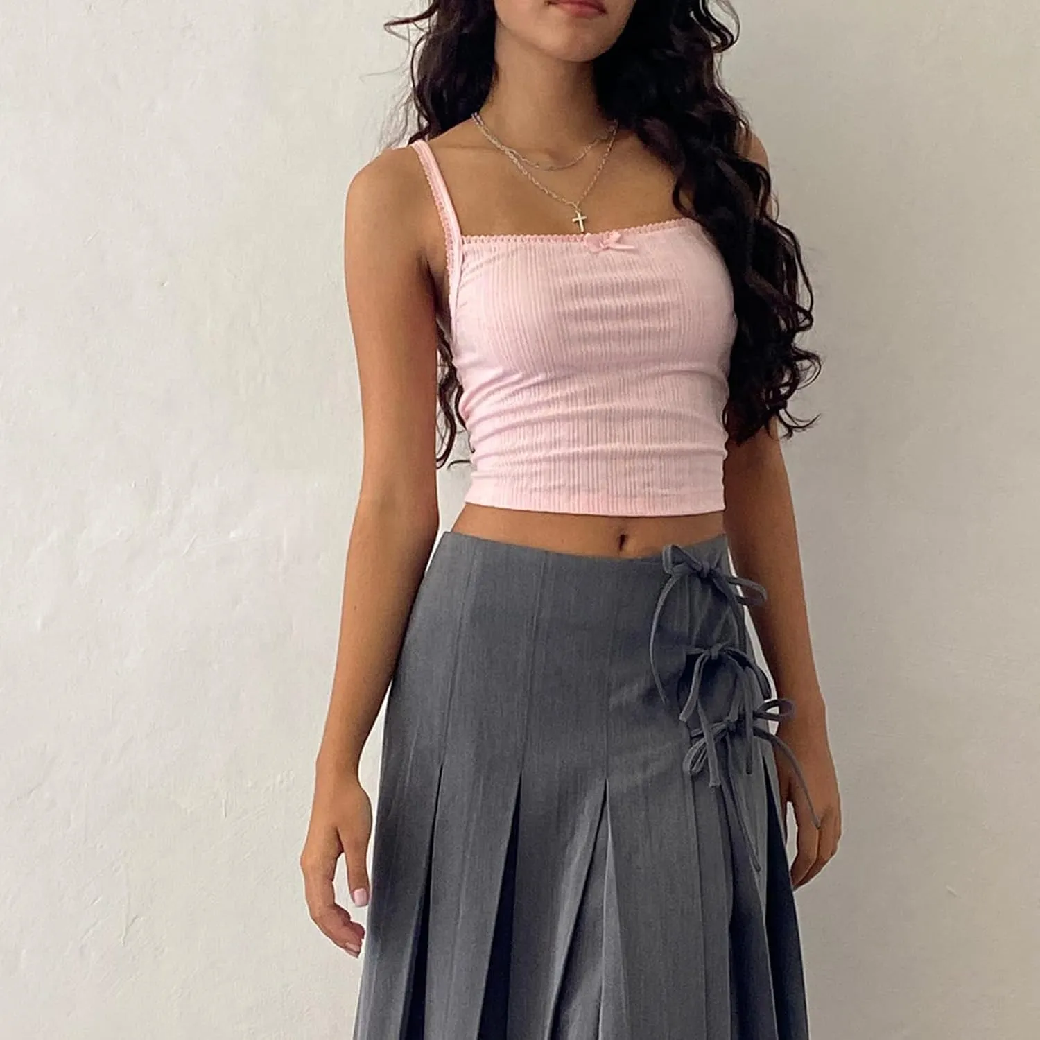 Women's Spaghetti Strap Square Neck Pointelle Knitted Camisole Crop Top Lace Trim Girly Cutecore Tank Vest