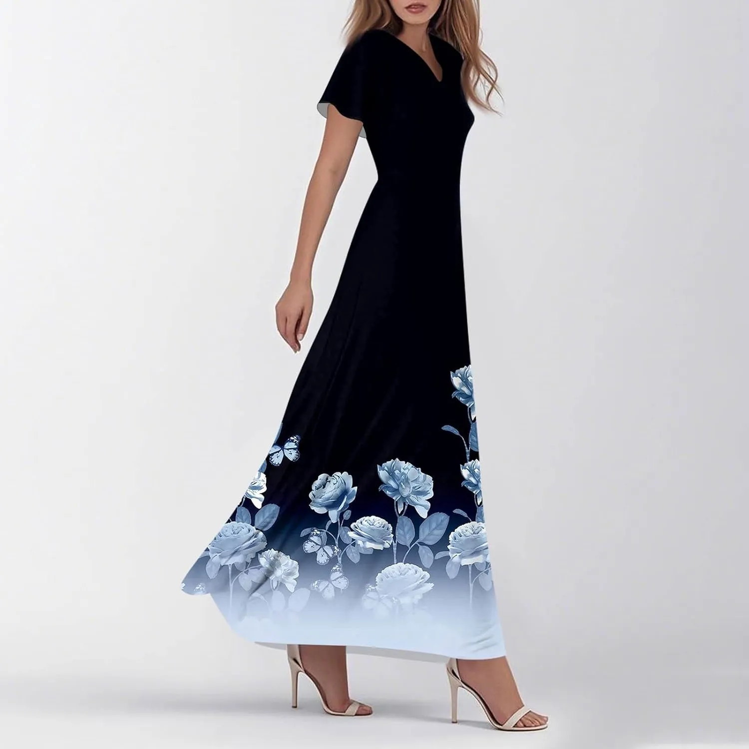 Womens Spring Chiffon Dresses 2025 Summer Flowy Short Sleeve High Waisted Dress A Line Wedding Guest V Neck Dresses