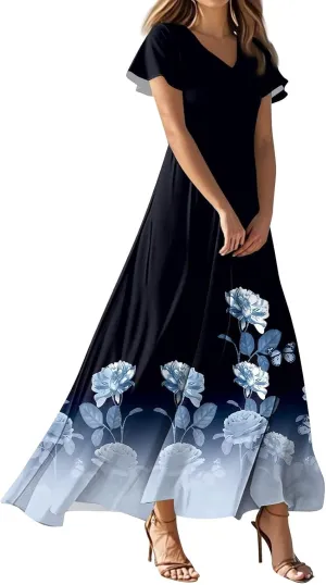 Womens Spring Chiffon Dresses 2025 Summer Flowy Short Sleeve High Waisted Dress A Line Wedding Guest V Neck Dresses