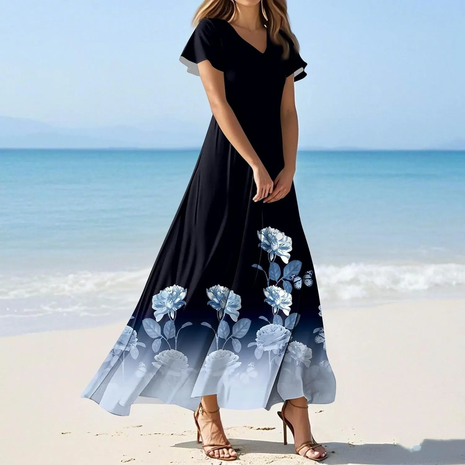 Womens Spring Chiffon Dresses 2025 Summer Flowy Short Sleeve High Waisted Dress A Line Wedding Guest V Neck Dresses