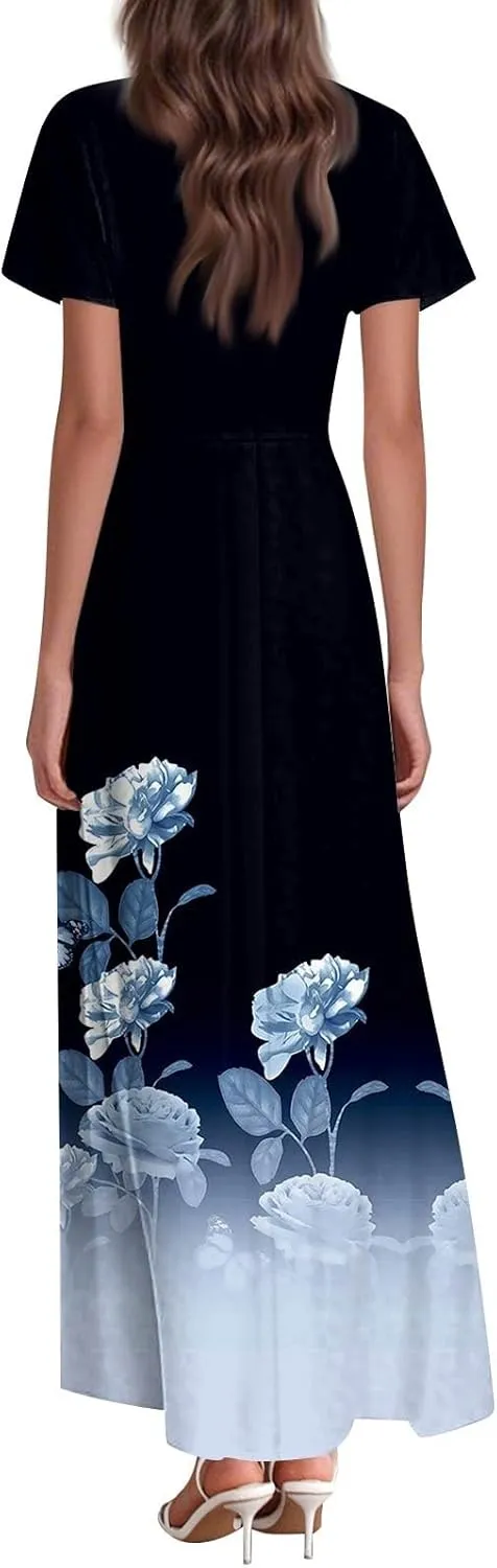 Womens Spring Chiffon Dresses 2025 Summer Flowy Short Sleeve High Waisted Dress A Line Wedding Guest V Neck Dresses
