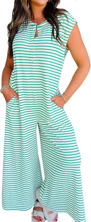 Womens Striped Jumpsuit Sleeveless Button Down Wide Leg Jumpsuit One Piece Rompers Pants with Pockets