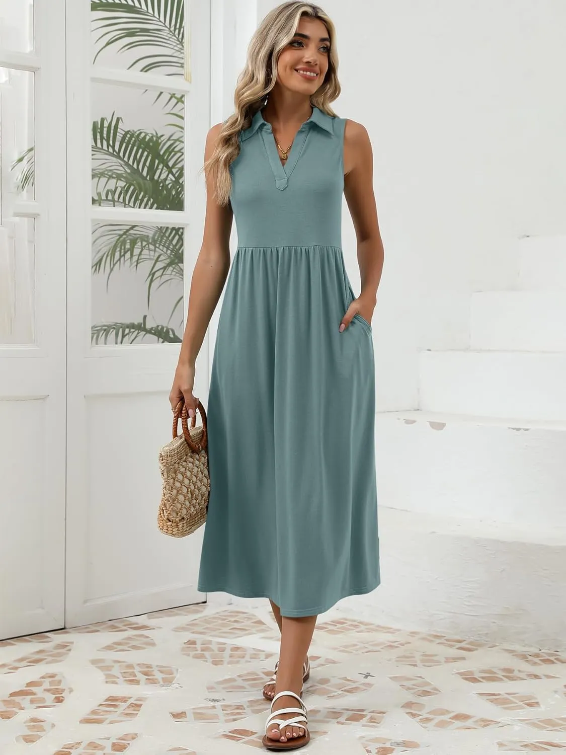Women's Summer Casual Dresses Maxi Sleeveless Sundress V Neck A-Line Fashion Beach Vacation Long Dress