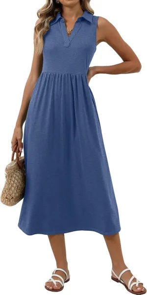 Women's Summer Casual Dresses Maxi Sleeveless Sundress V Neck A-Line Fashion Beach Vacation Long Dress