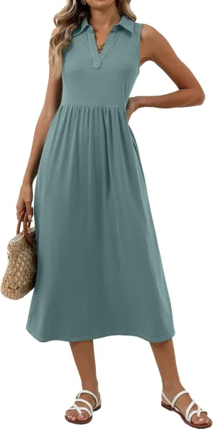 Women's Summer Casual Dresses Maxi Sleeveless Sundress V Neck A-Line Fashion Beach Vacation Long Dress
