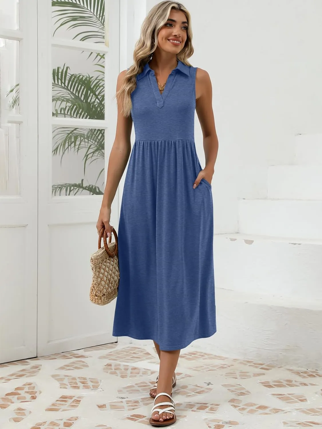 Women's Summer Casual Dresses Maxi Sleeveless Sundress V Neck A-Line Fashion Beach Vacation Long Dress