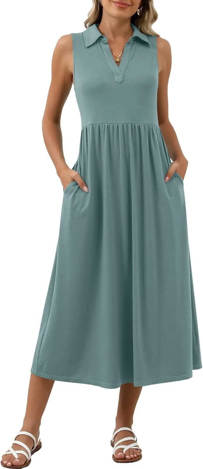 Women's Summer Casual Dresses Maxi Sleeveless Sundress V Neck A-Line Fashion Beach Vacation Long Dress