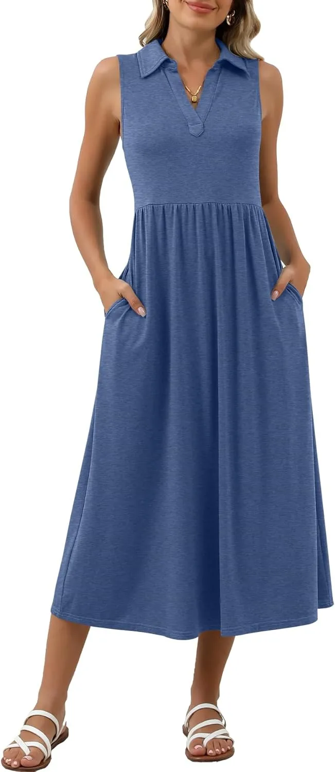 Women's Summer Casual Dresses Maxi Sleeveless Sundress V Neck A-Line Fashion Beach Vacation Long Dress