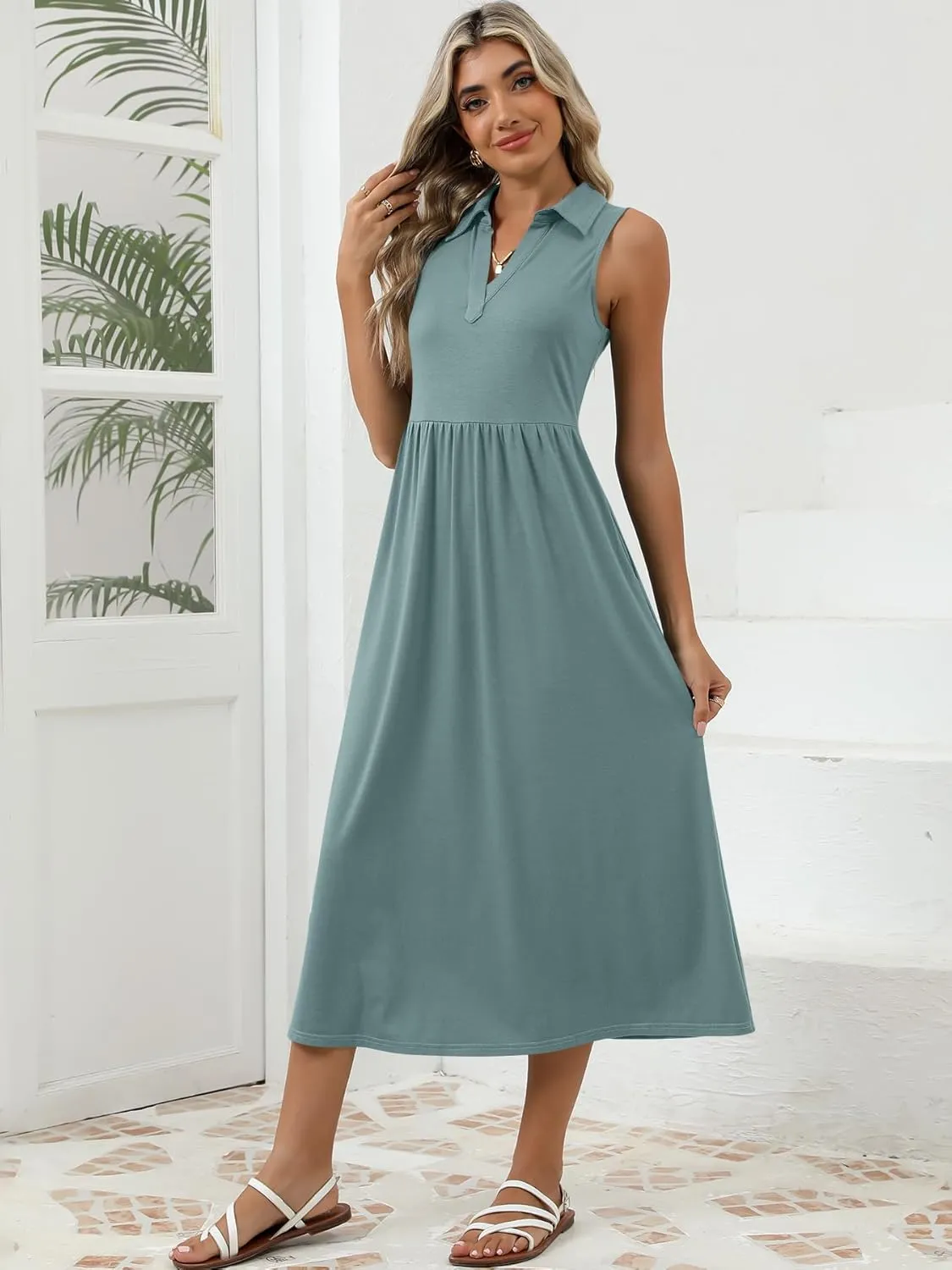 Women's Summer Casual Dresses Maxi Sleeveless Sundress V Neck A-Line Fashion Beach Vacation Long Dress