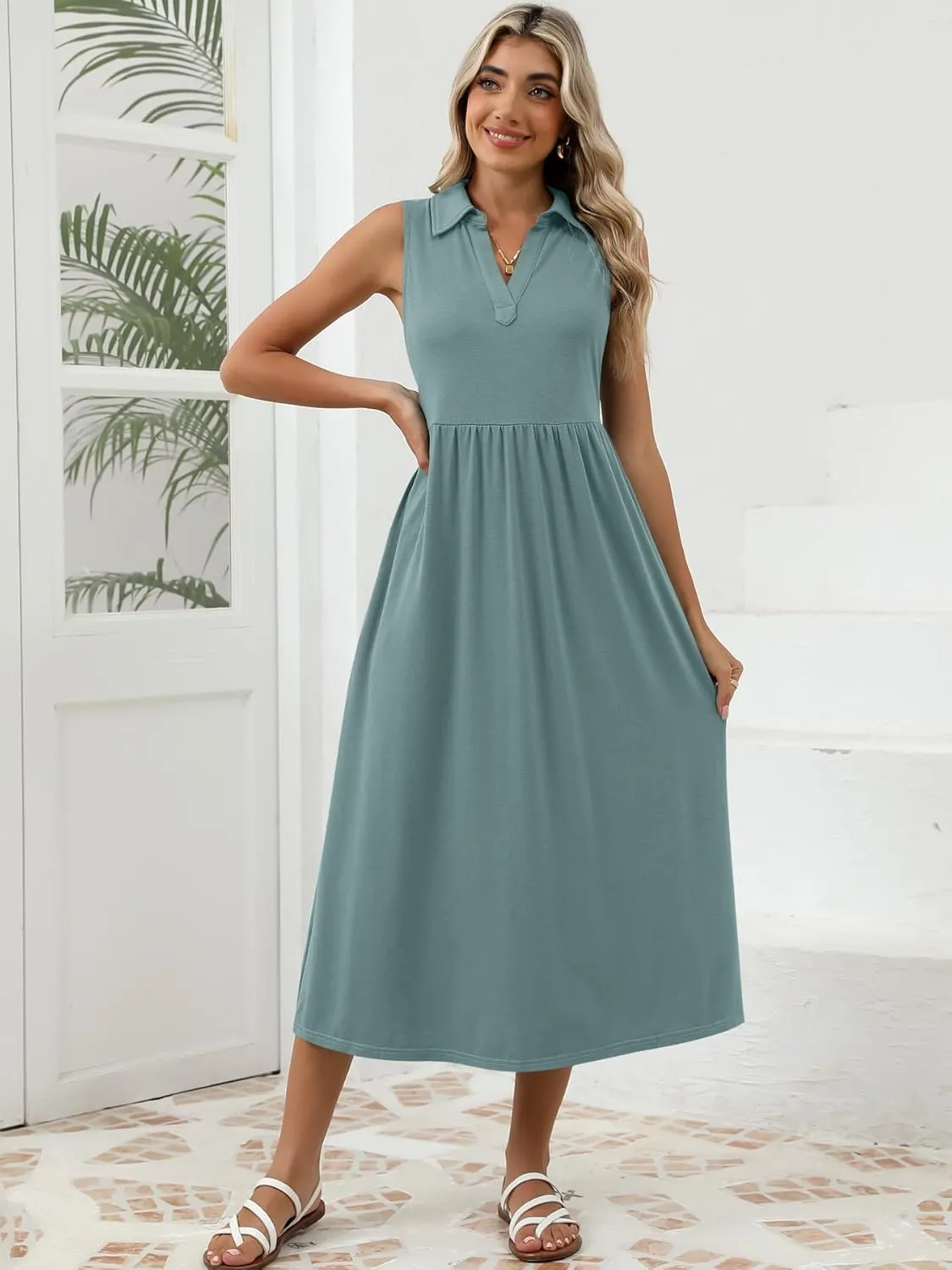 Women's Summer Casual Dresses Maxi Sleeveless Sundress V Neck A-Line Fashion Beach Vacation Long Dress