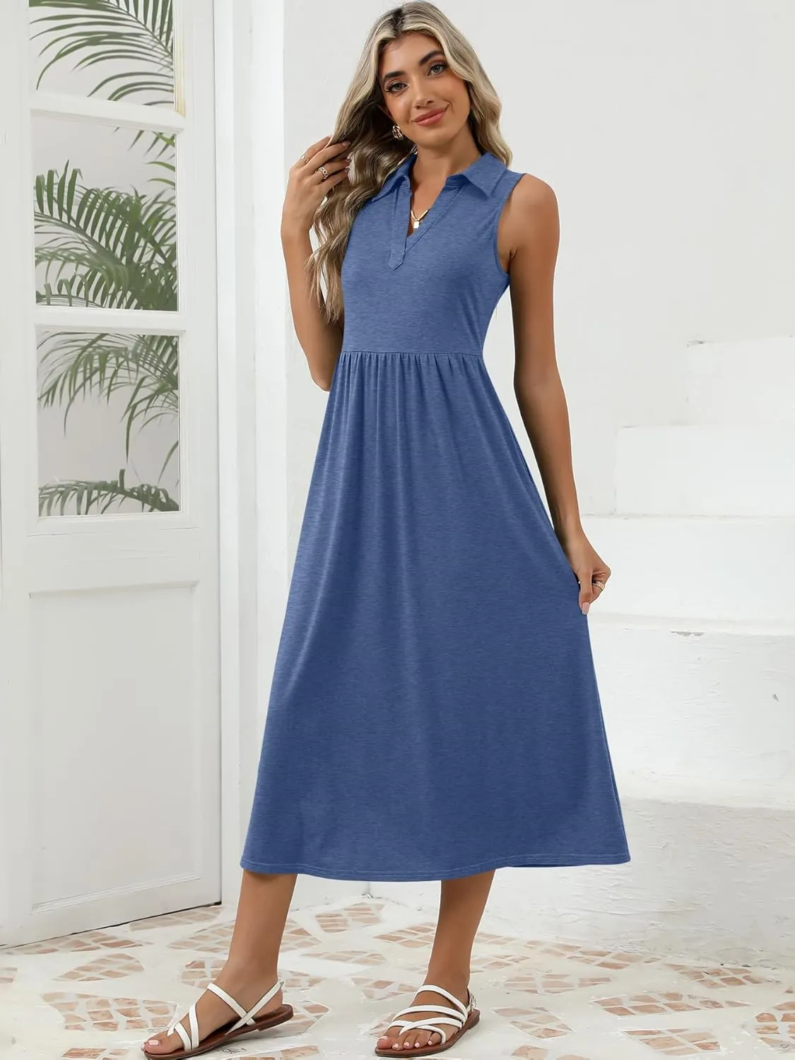 Women's Summer Casual Dresses Maxi Sleeveless Sundress V Neck A-Line Fashion Beach Vacation Long Dress