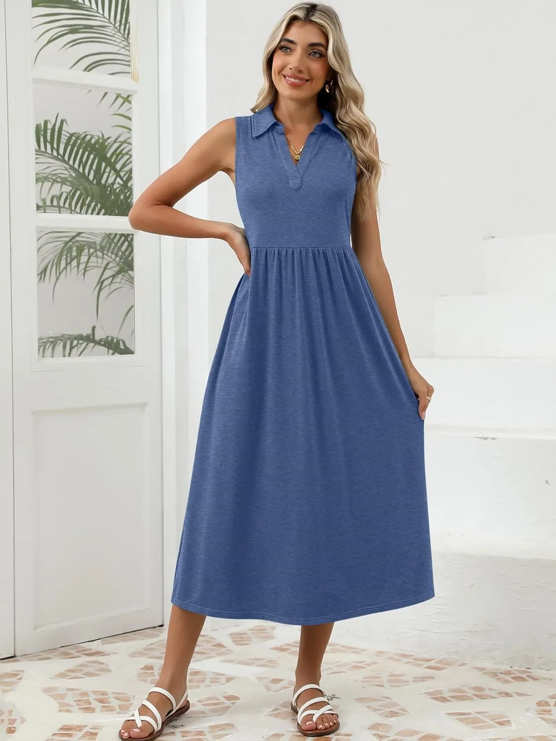 Women's Summer Casual Dresses Maxi Sleeveless Sundress V Neck A-Line Fashion Beach Vacation Long Dress