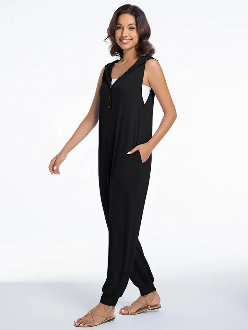 Women's Summer Casual Jumpsuit V Neck Button Down Sleeveless Tank Top Long Pants Romper Overalls With Pockets