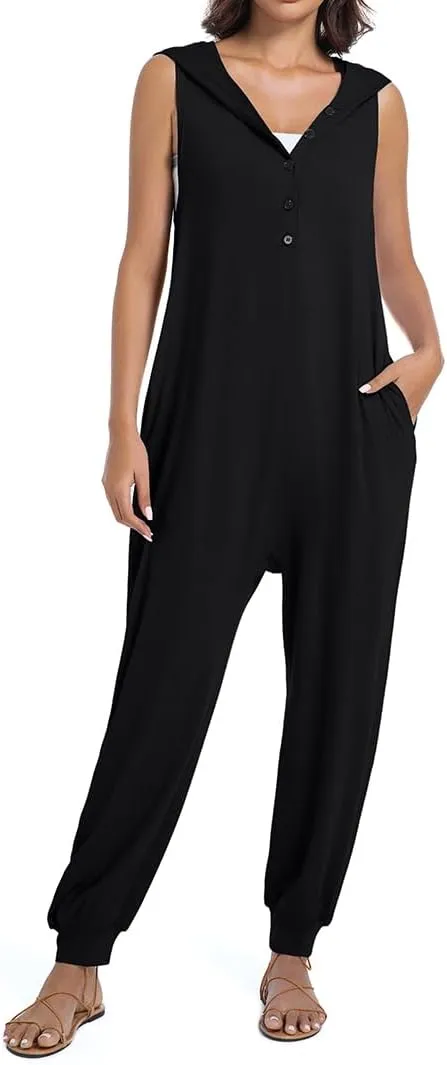 Women's Summer Casual Jumpsuit V Neck Button Down Sleeveless Tank Top Long Pants Romper Overalls With Pockets