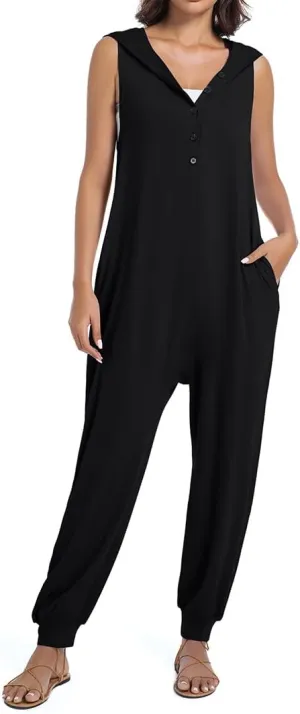 Women's Summer Casual Jumpsuit V Neck Button Down Sleeveless Tank Top Long Pants Romper Overalls With Pockets
