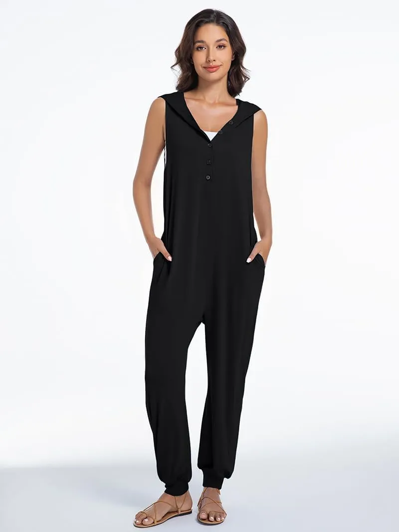 Women's Summer Casual Jumpsuit V Neck Button Down Sleeveless Tank Top Long Pants Romper Overalls With Pockets