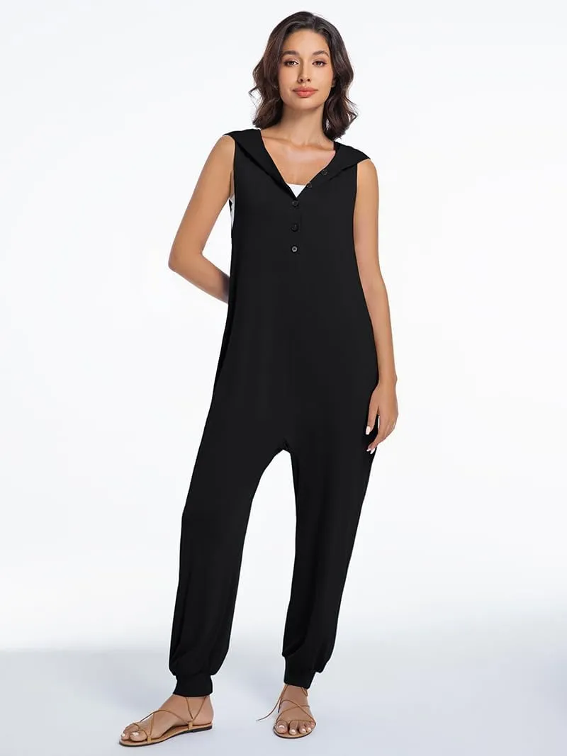 Women's Summer Casual Jumpsuit V Neck Button Down Sleeveless Tank Top Long Pants Romper Overalls With Pockets